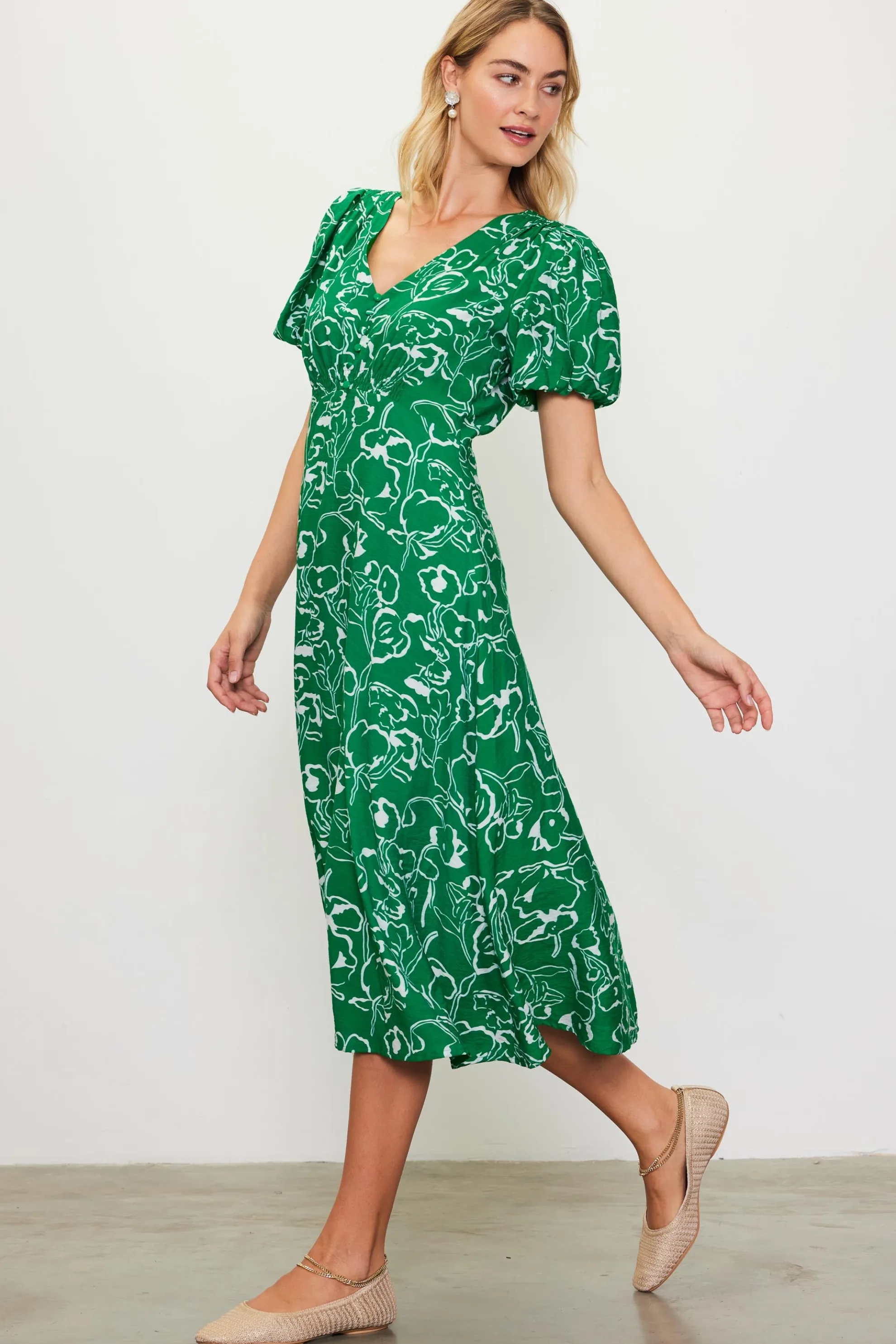 Shirred Shoulder Print Midi Dress