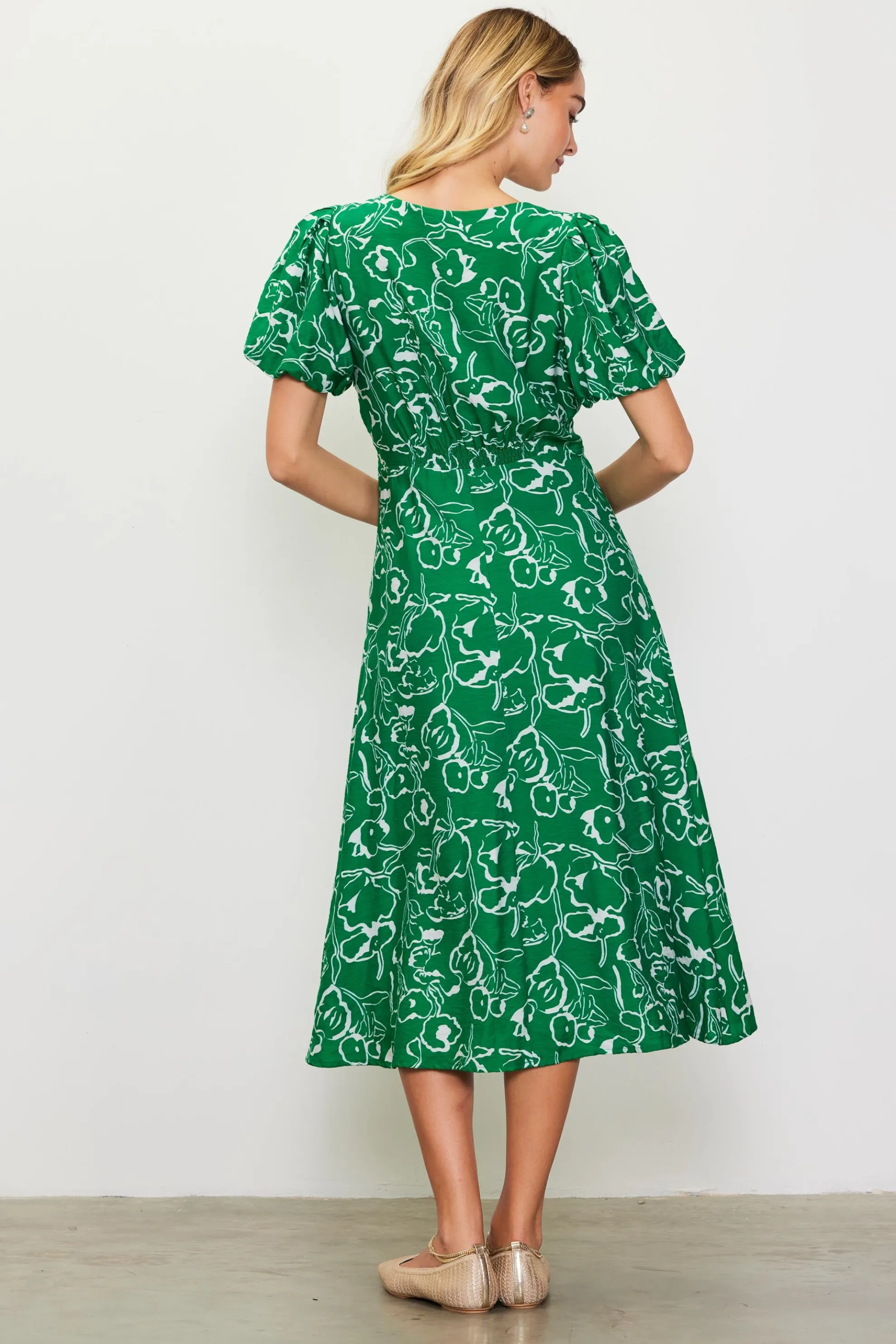Shirred Shoulder Print Midi Dress