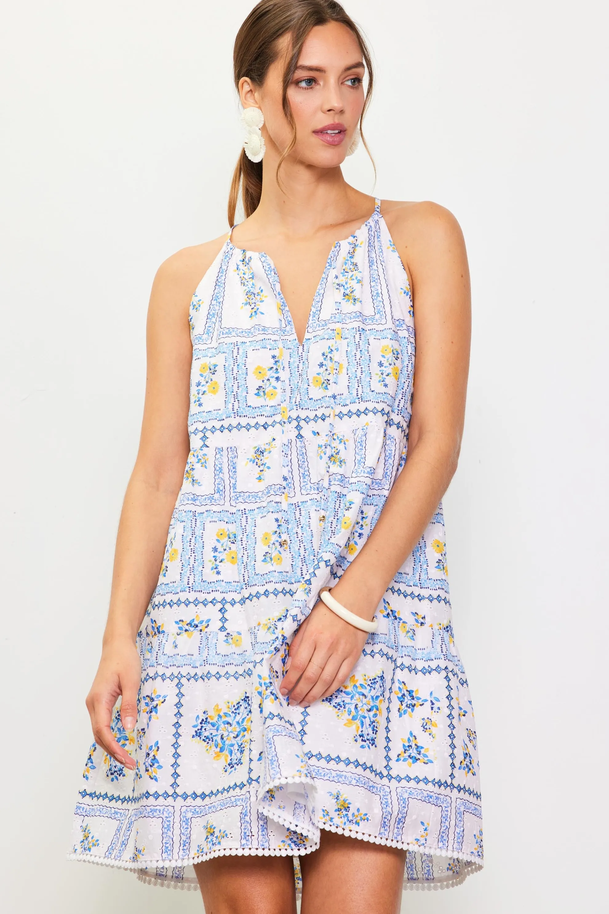 Eyelet Embroidered Print Mini Dress