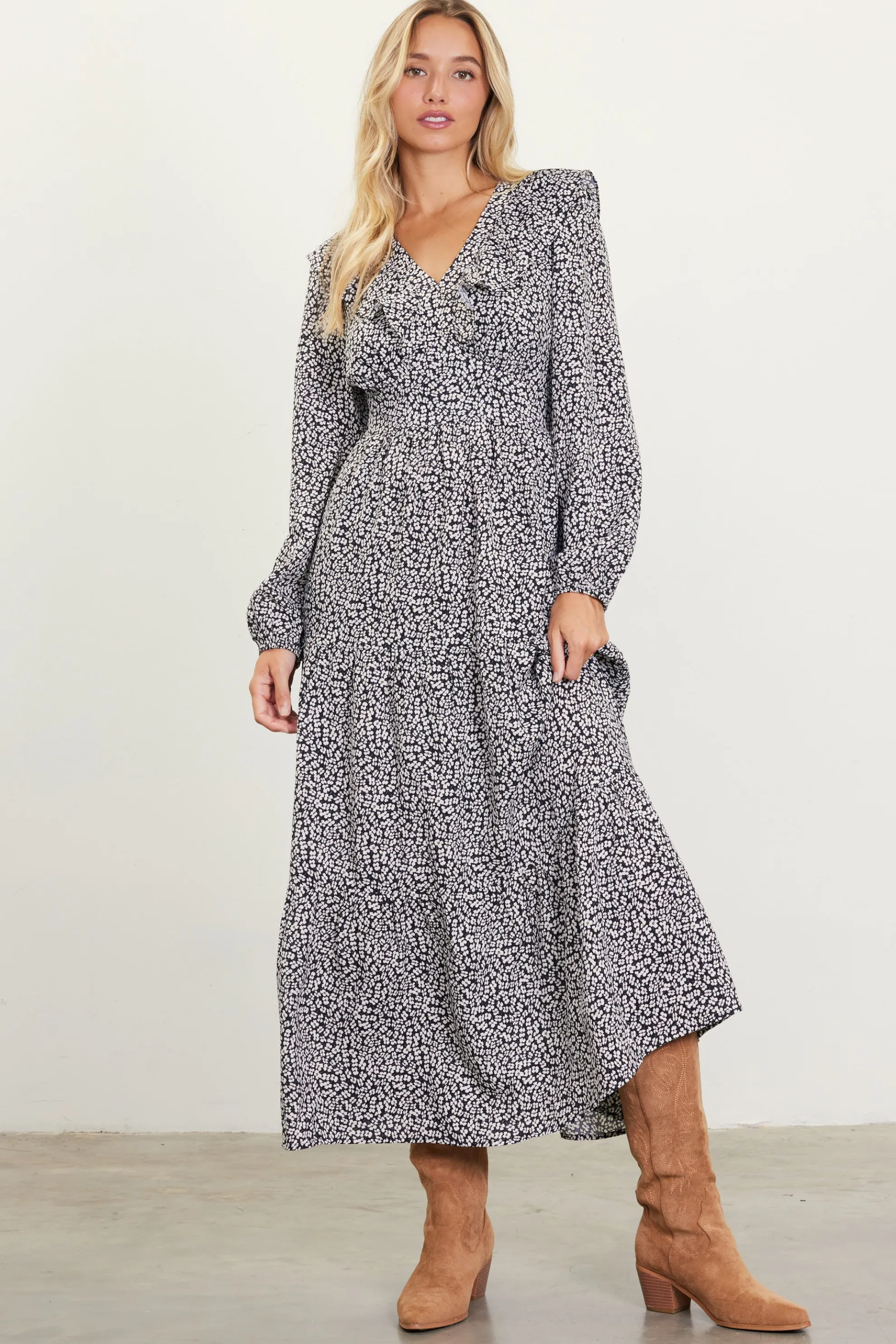 Dainty Floral Print Ruffle Trim Maxi Dress