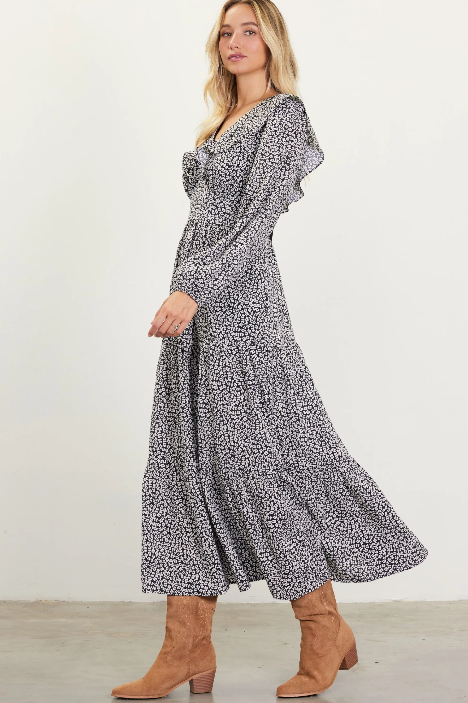 Dainty Floral Print Ruffle Trim Maxi Dress