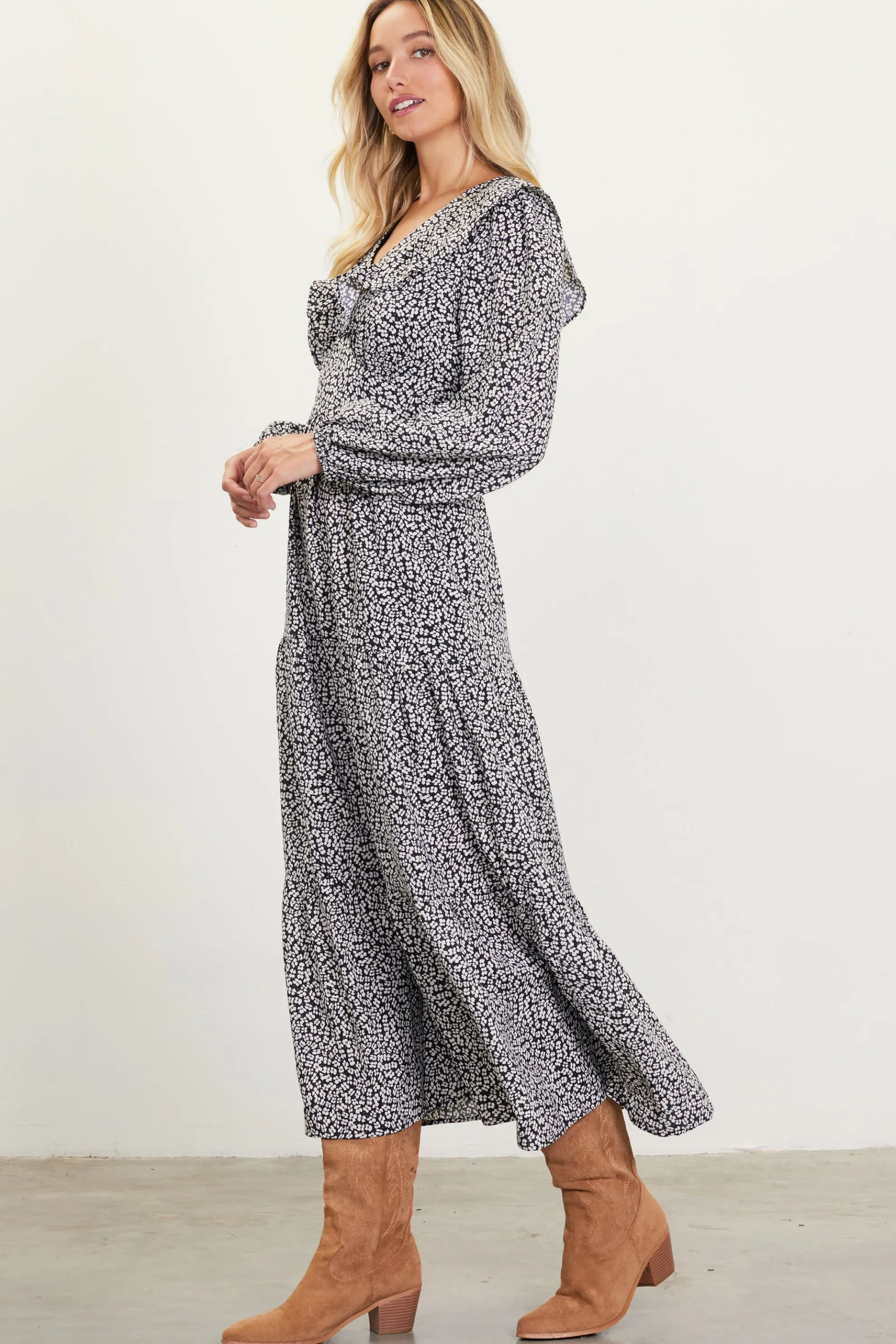 Dainty Floral Print Ruffle Trim Maxi Dress