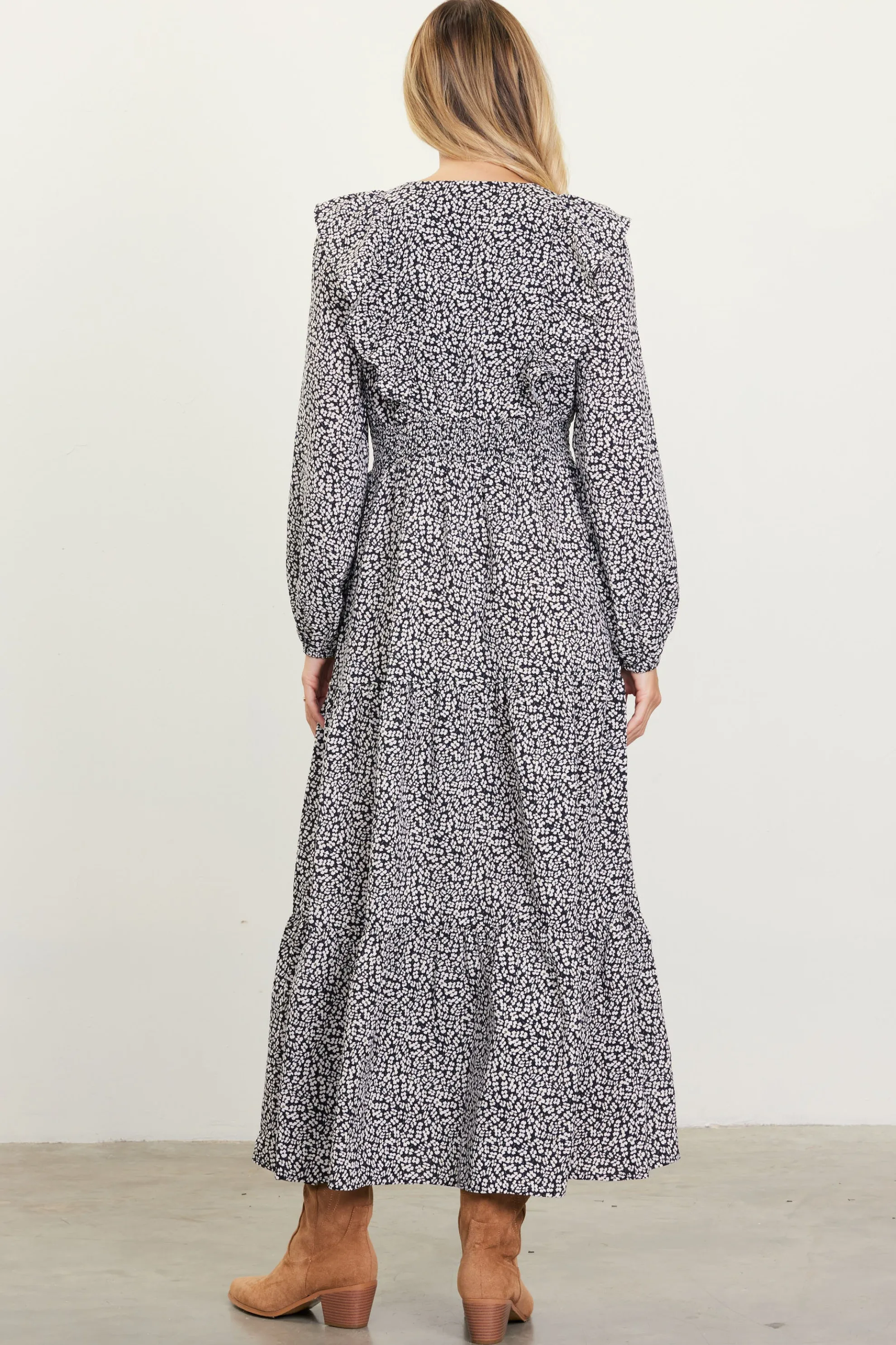 Dainty Floral Print Ruffle Trim Maxi Dress