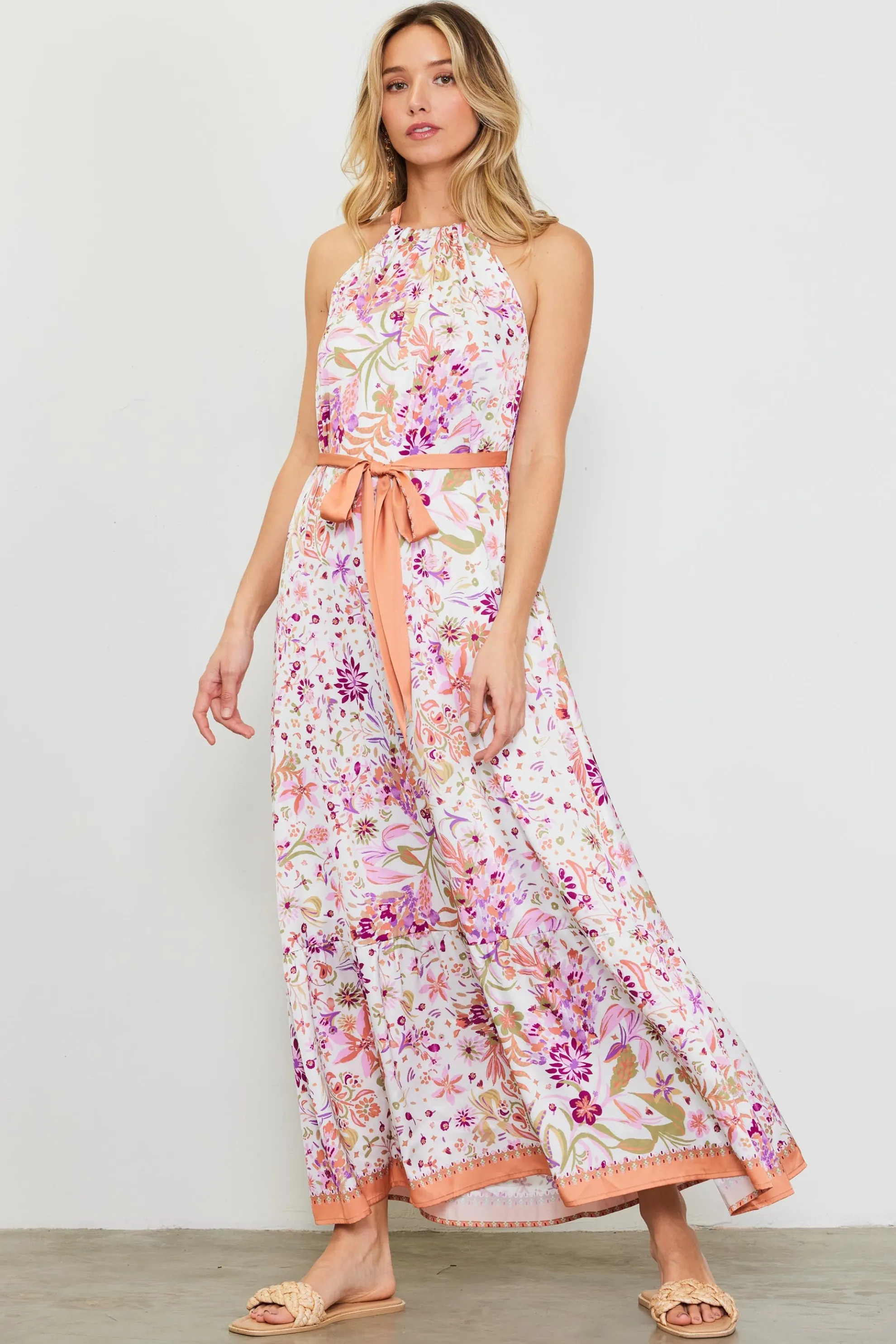 Magnolia Border Print Halter Neck Maxi Dress