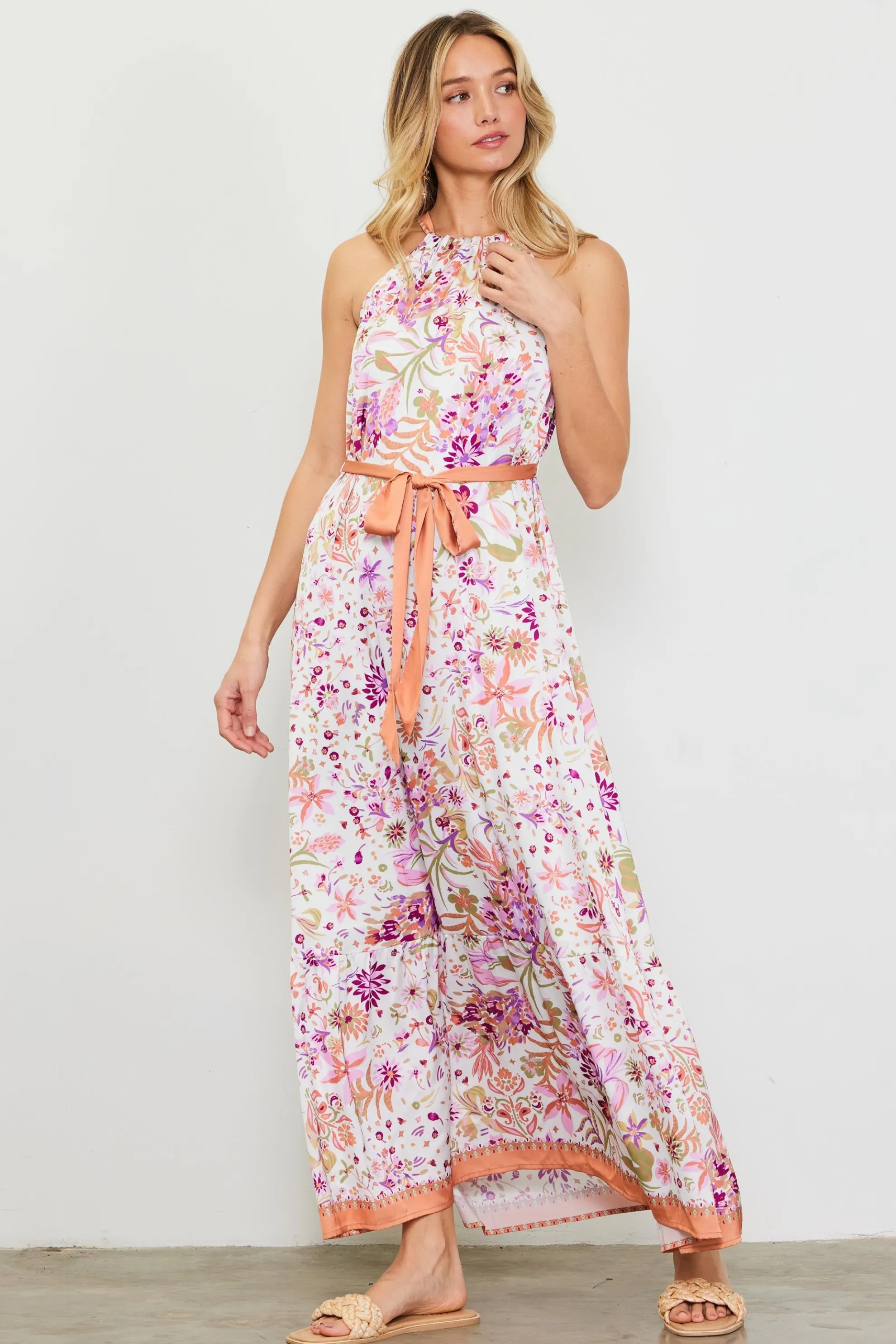 Magnolia Border Print Halter Neck Maxi Dress