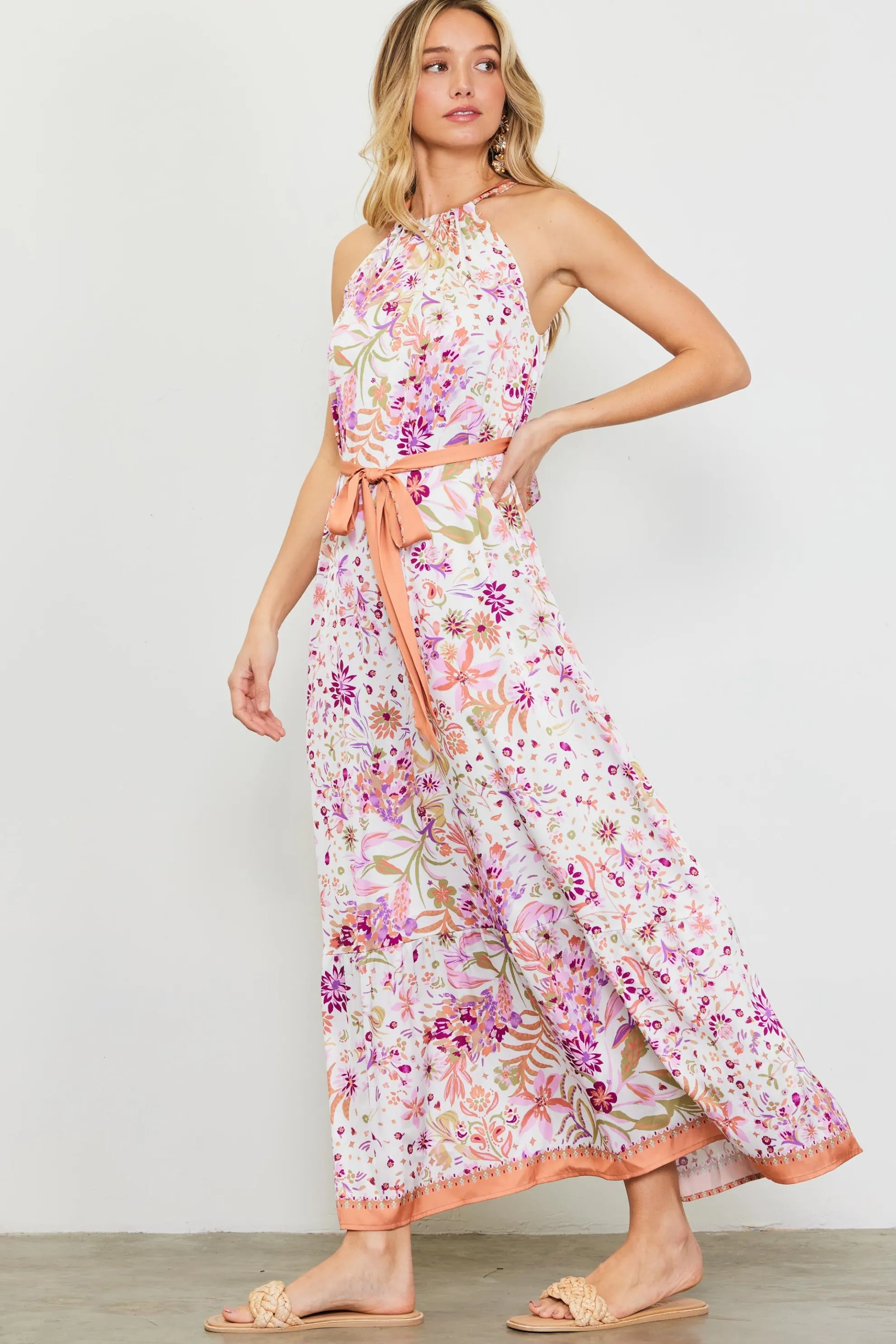 Magnolia Border Print Halter Neck Maxi Dress