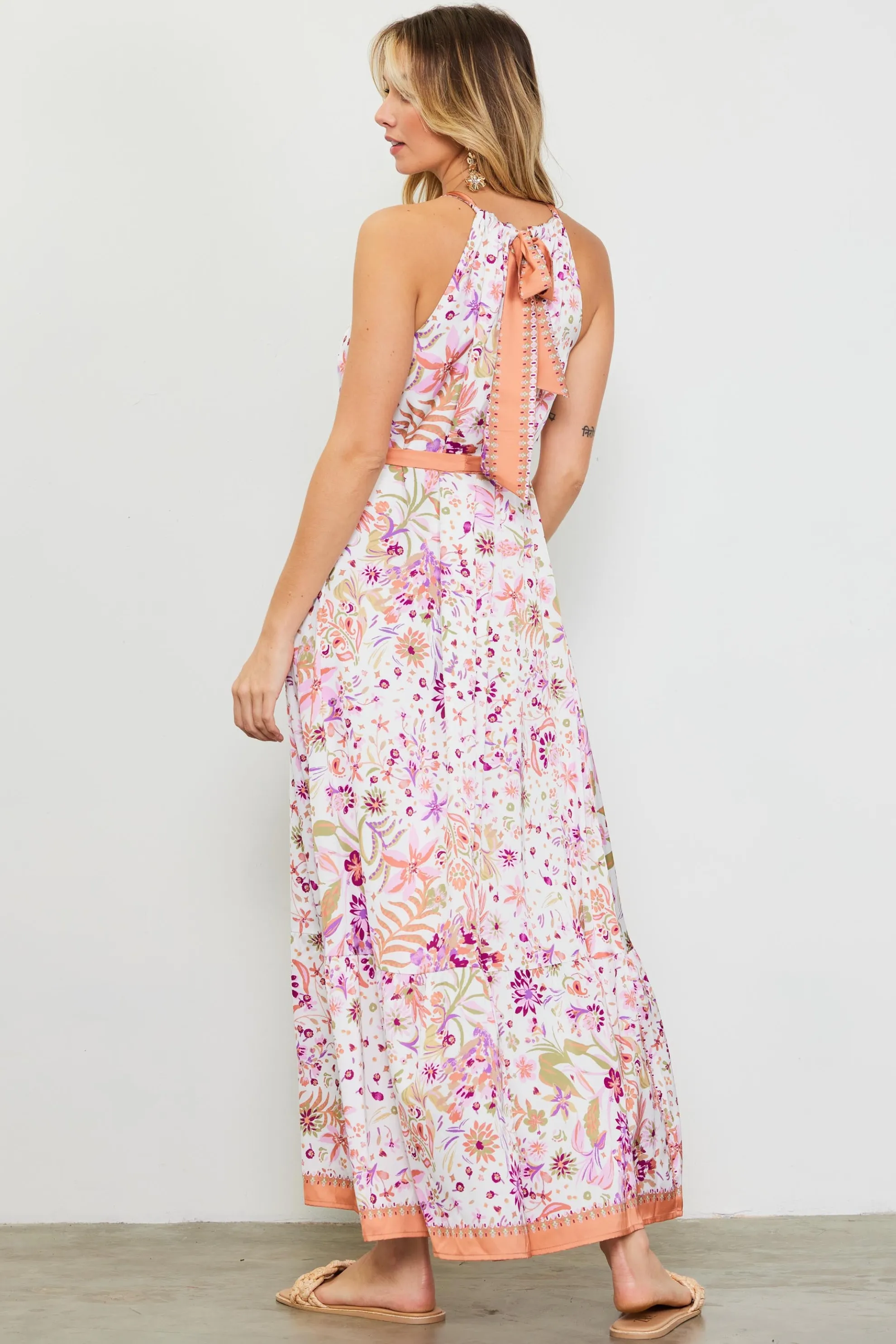 Magnolia Border Print Halter Neck Maxi Dress