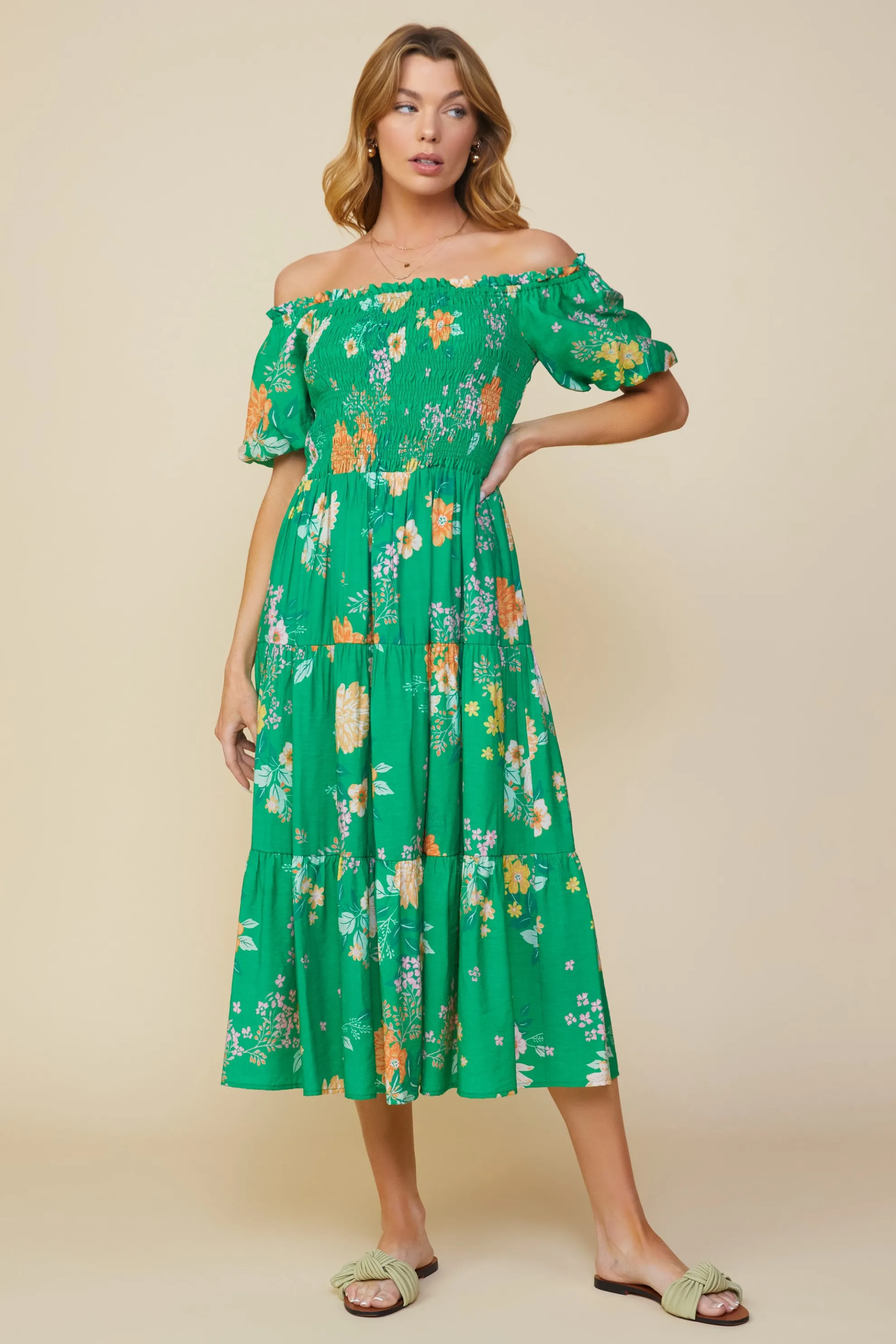 Fleur Print Off Shoulder Midi Dress