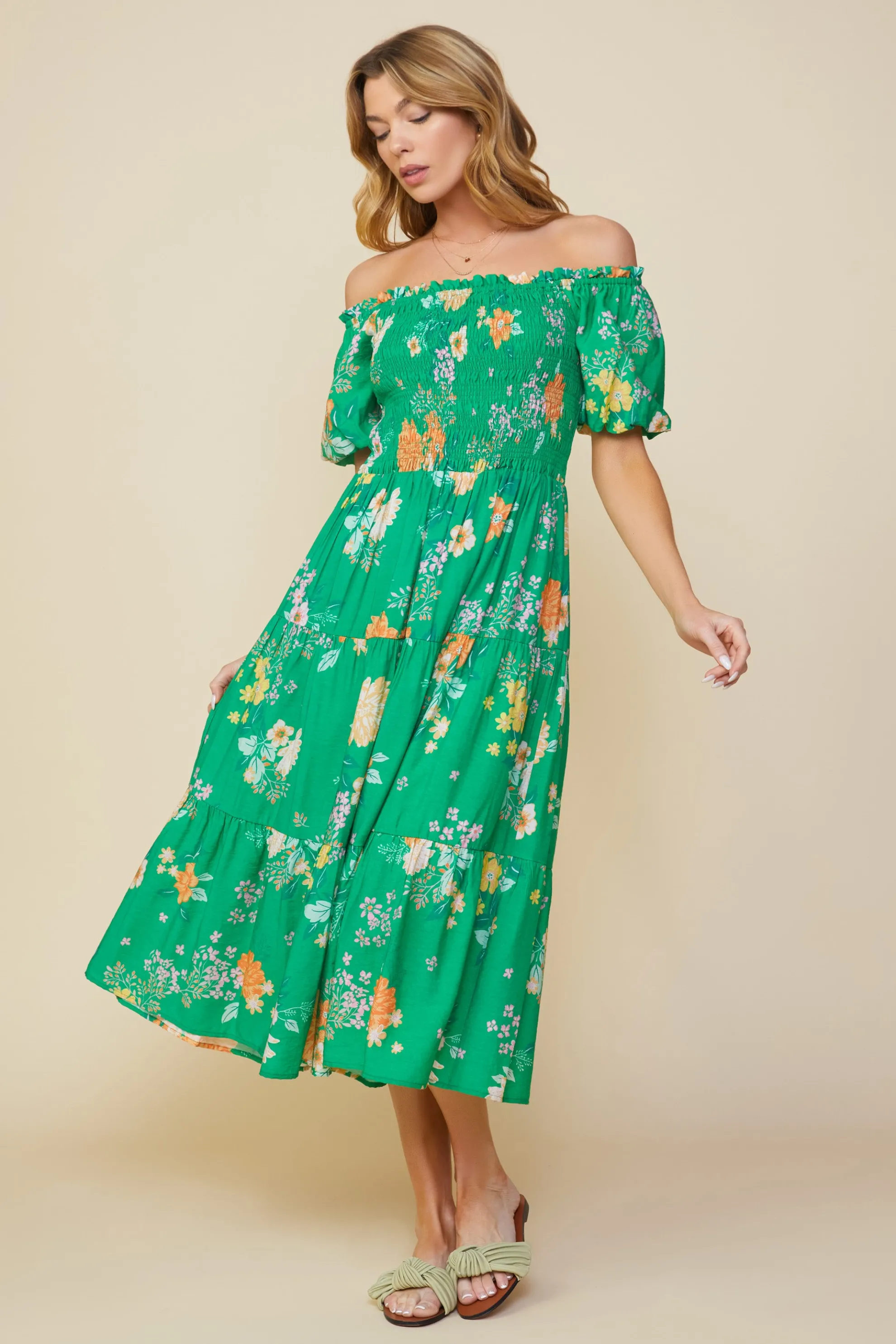 Fleur Print Off Shoulder Midi Dress