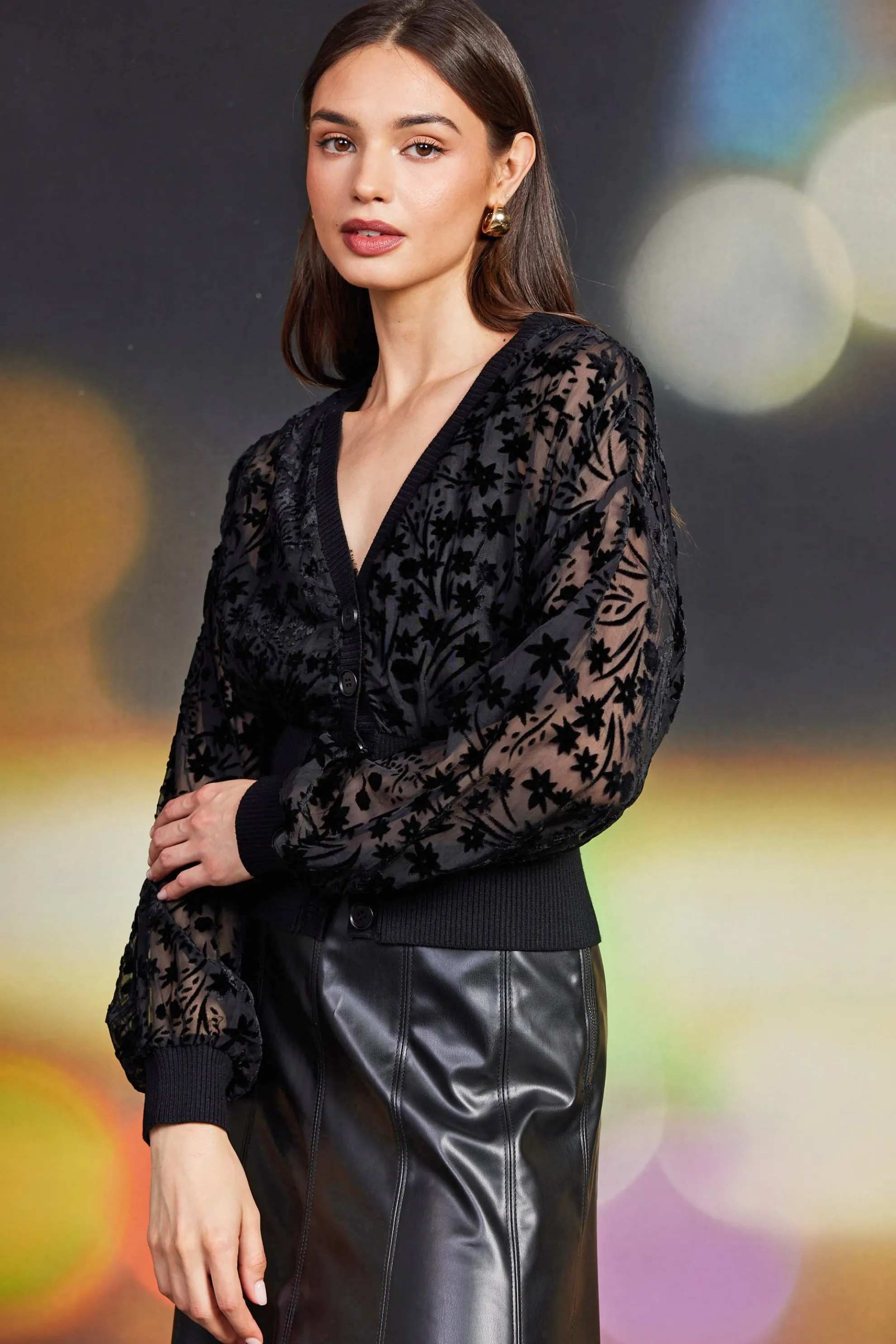 Burnout Velvet Floral Motif Cardigan