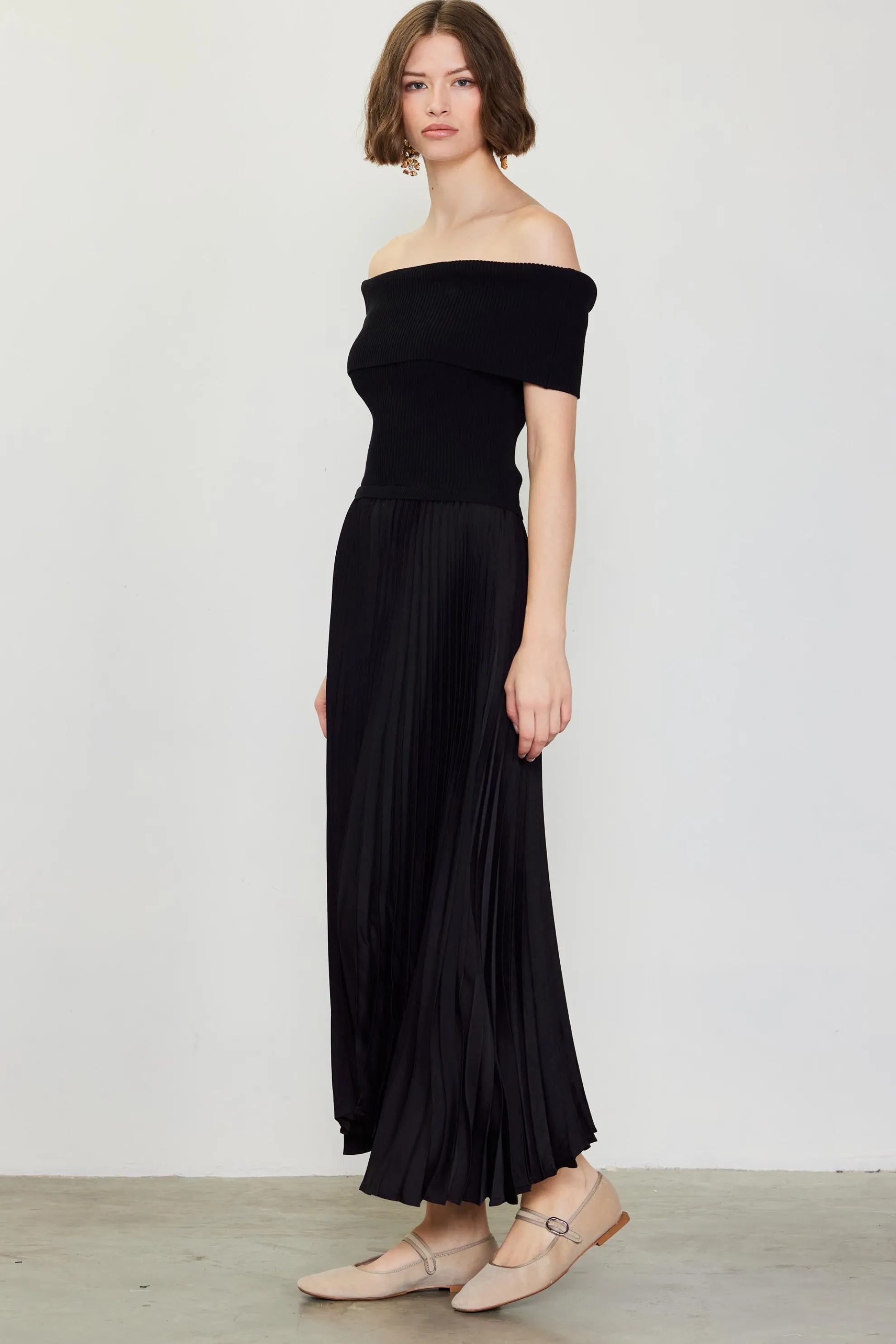 Off Shoulder Mixed Media Pleated Dress