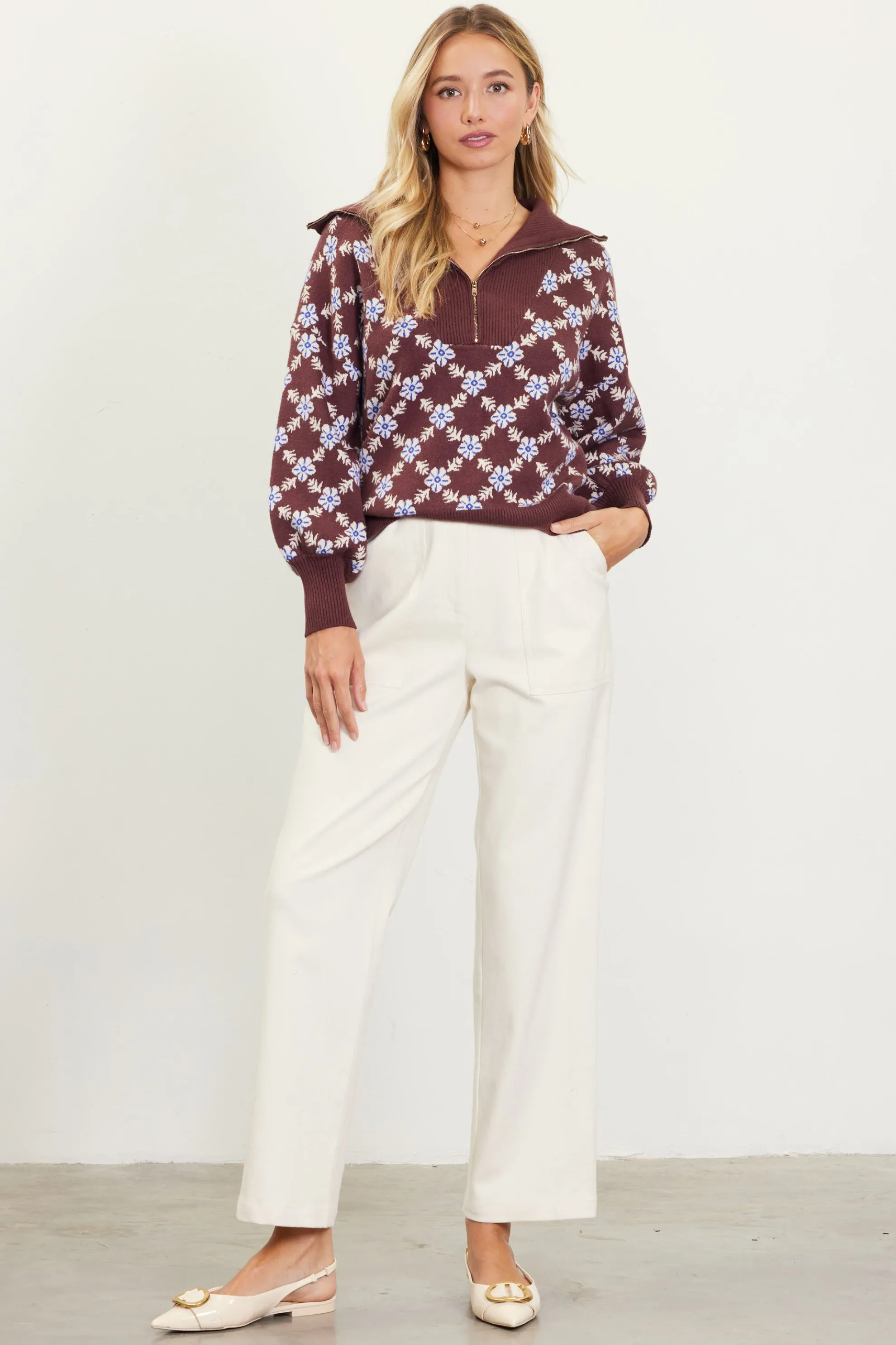 Intarsia Knit Half Zip Sweater