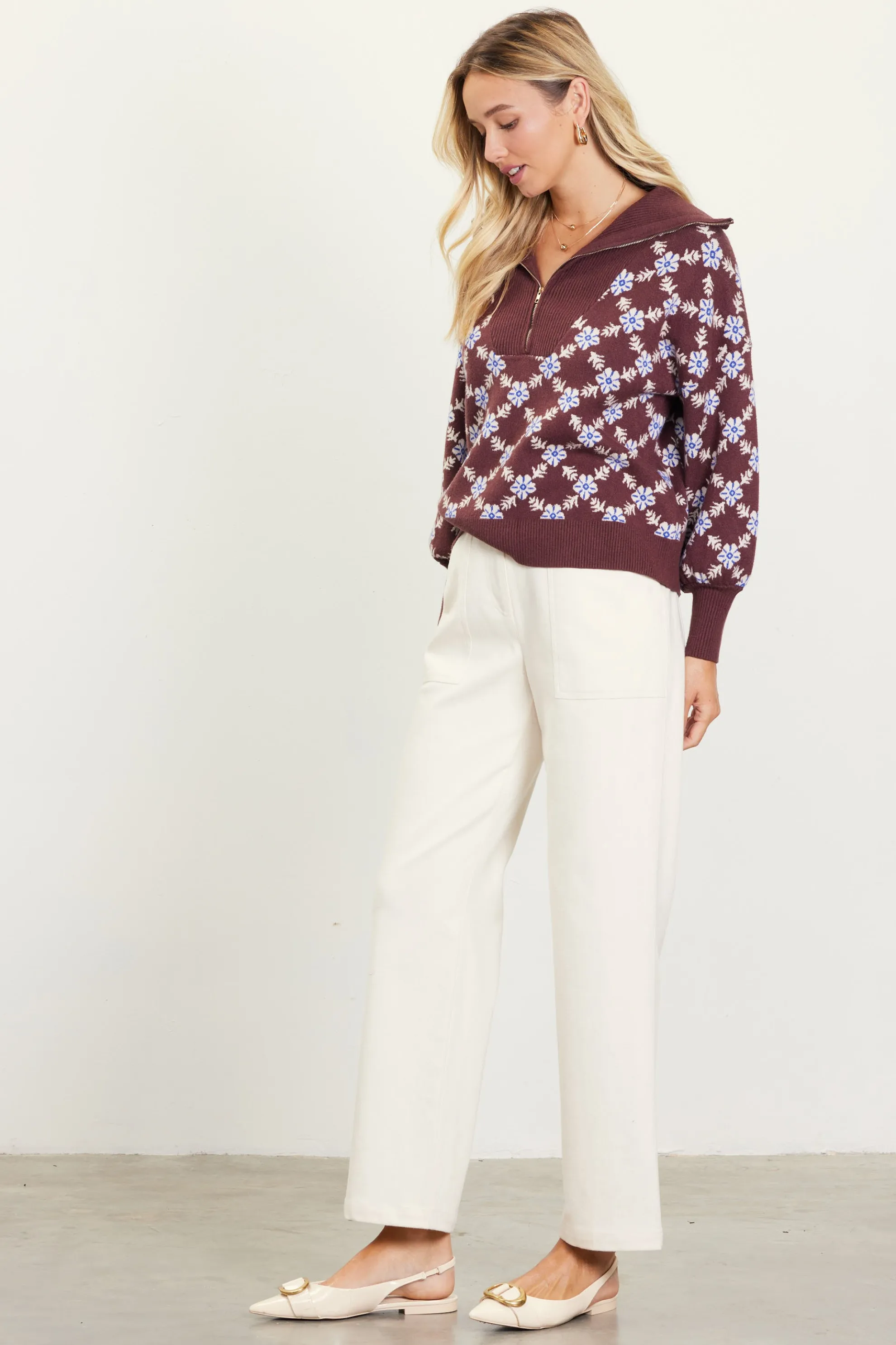 Intarsia Knit Half Zip Sweater