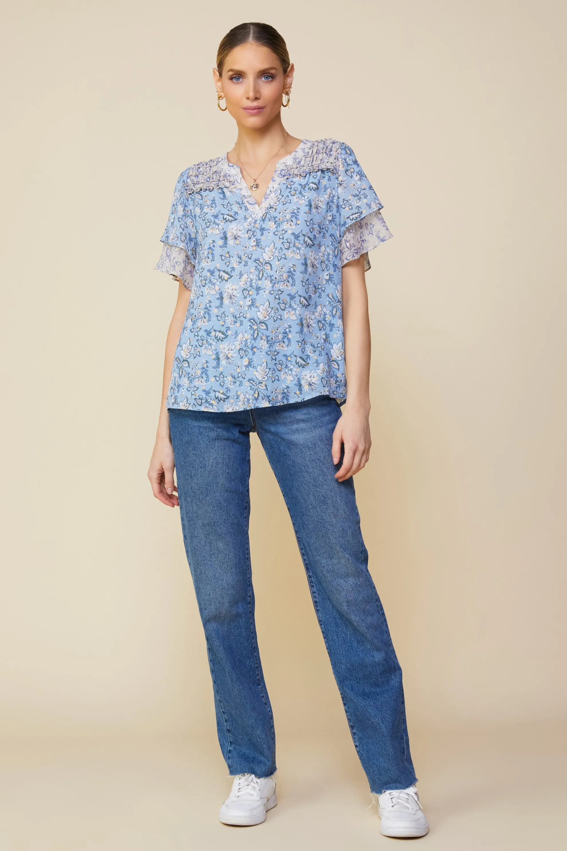 Aster Print Ruffled Detail Contrast Top
