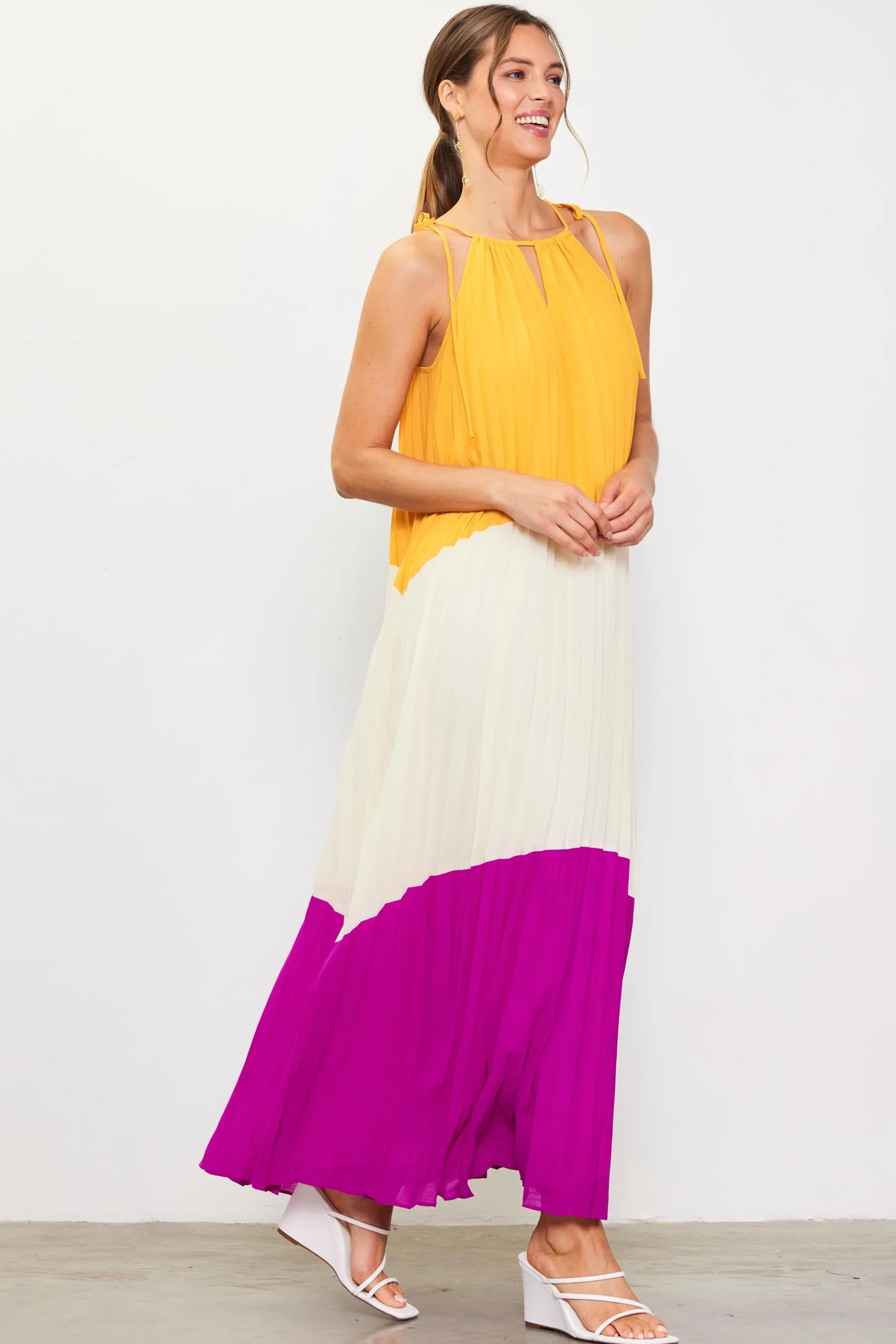 Pleated Color Block Maxi Dress