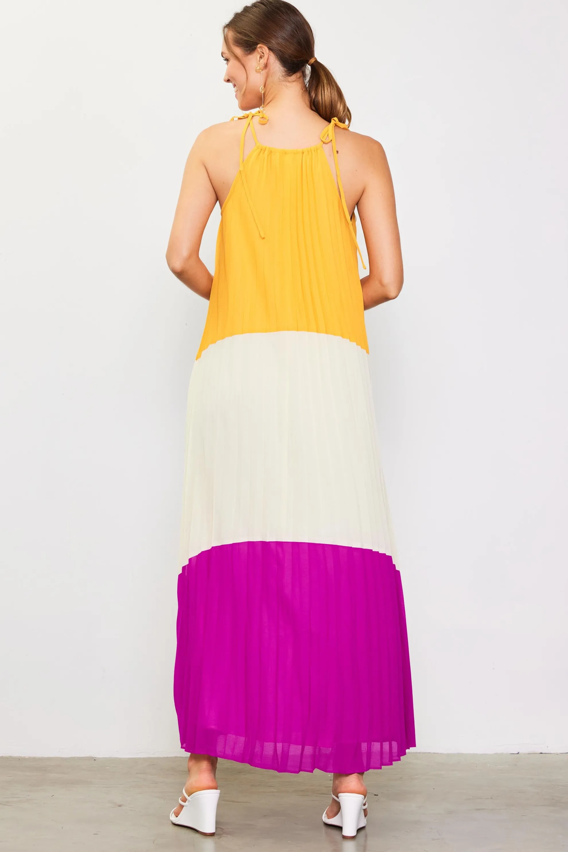 Pleated Color Block Maxi Dress
