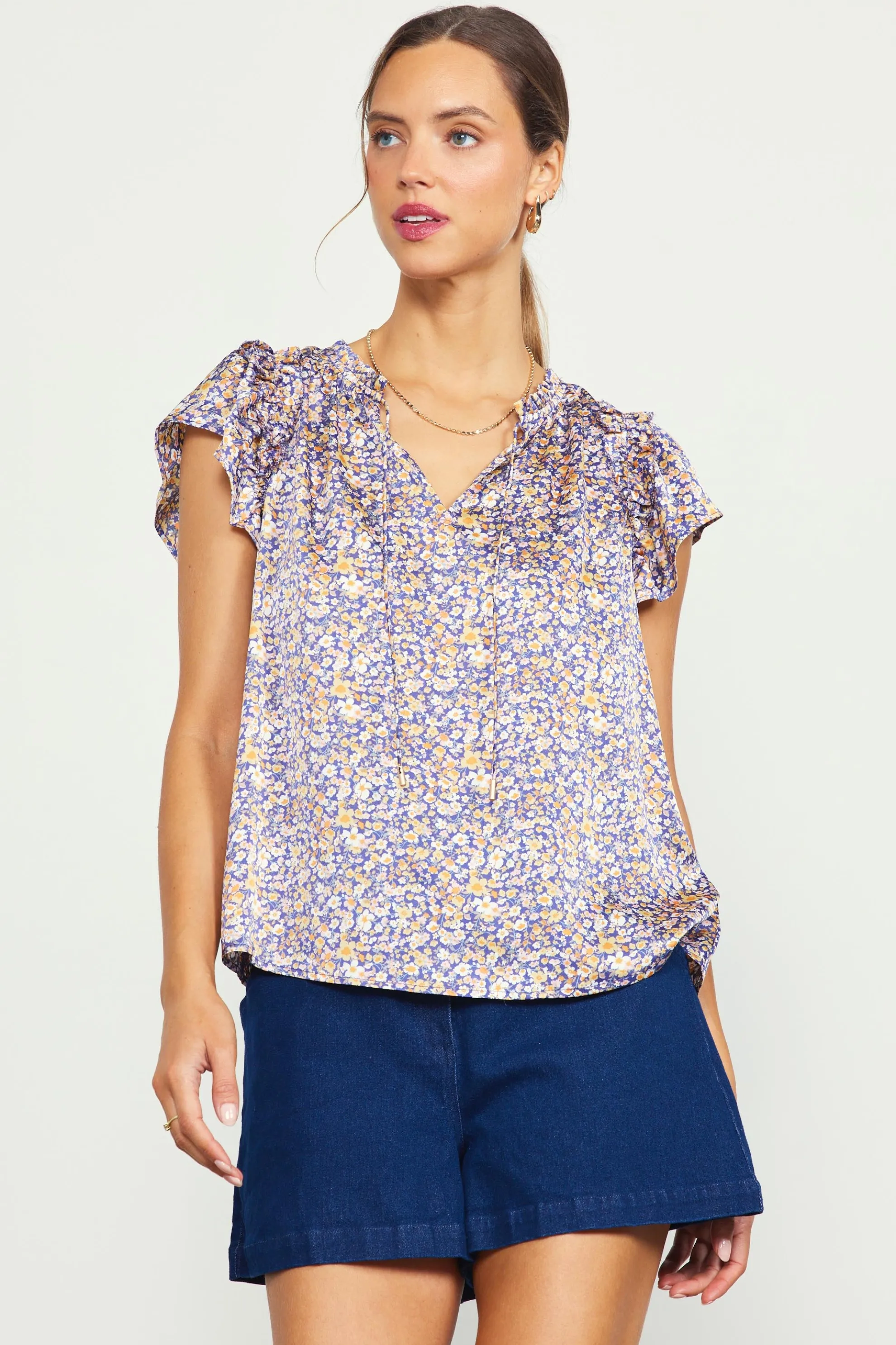 Indira Floral Print Split Neck Top