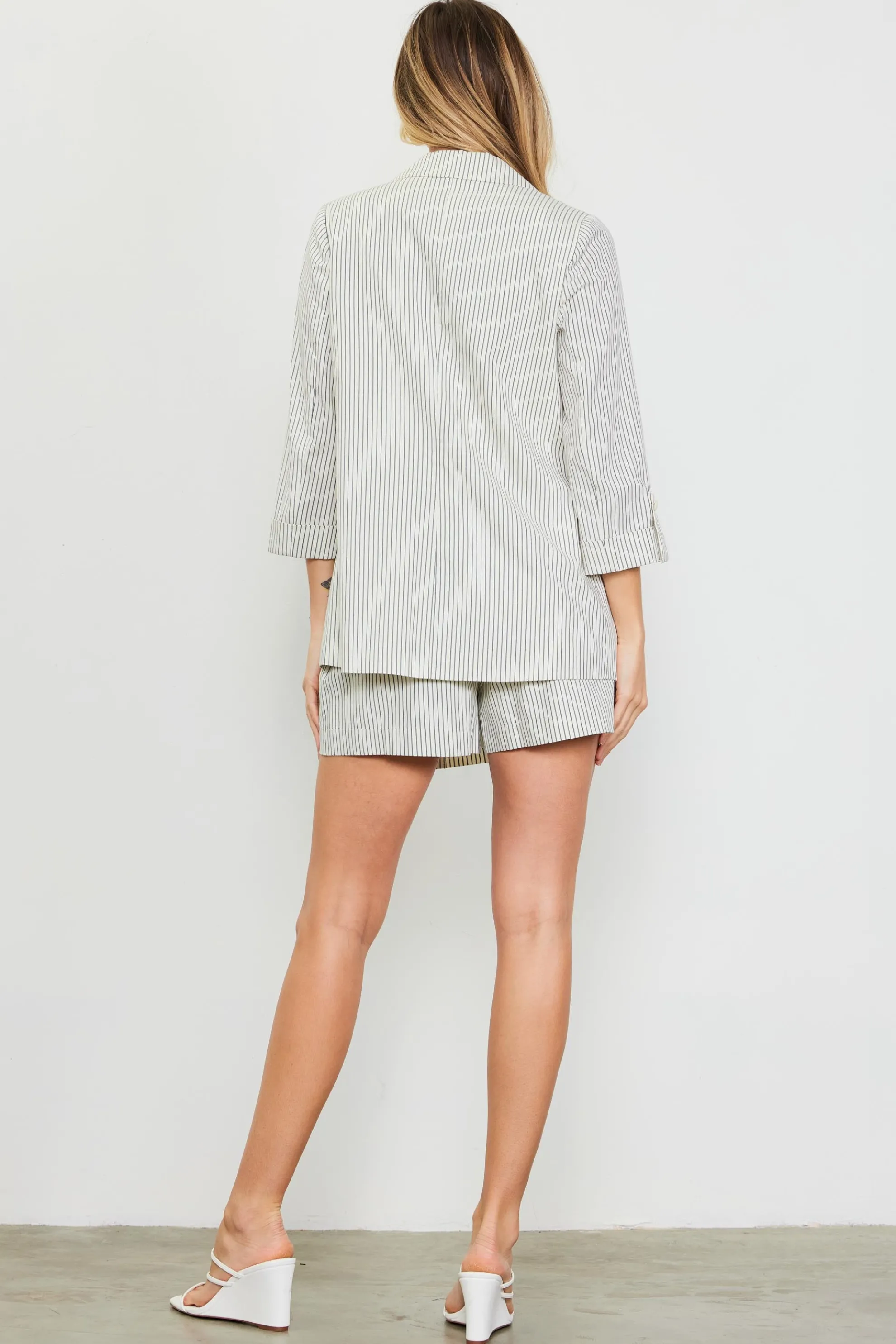 Pinstriped Rolled Sleeve Blazer