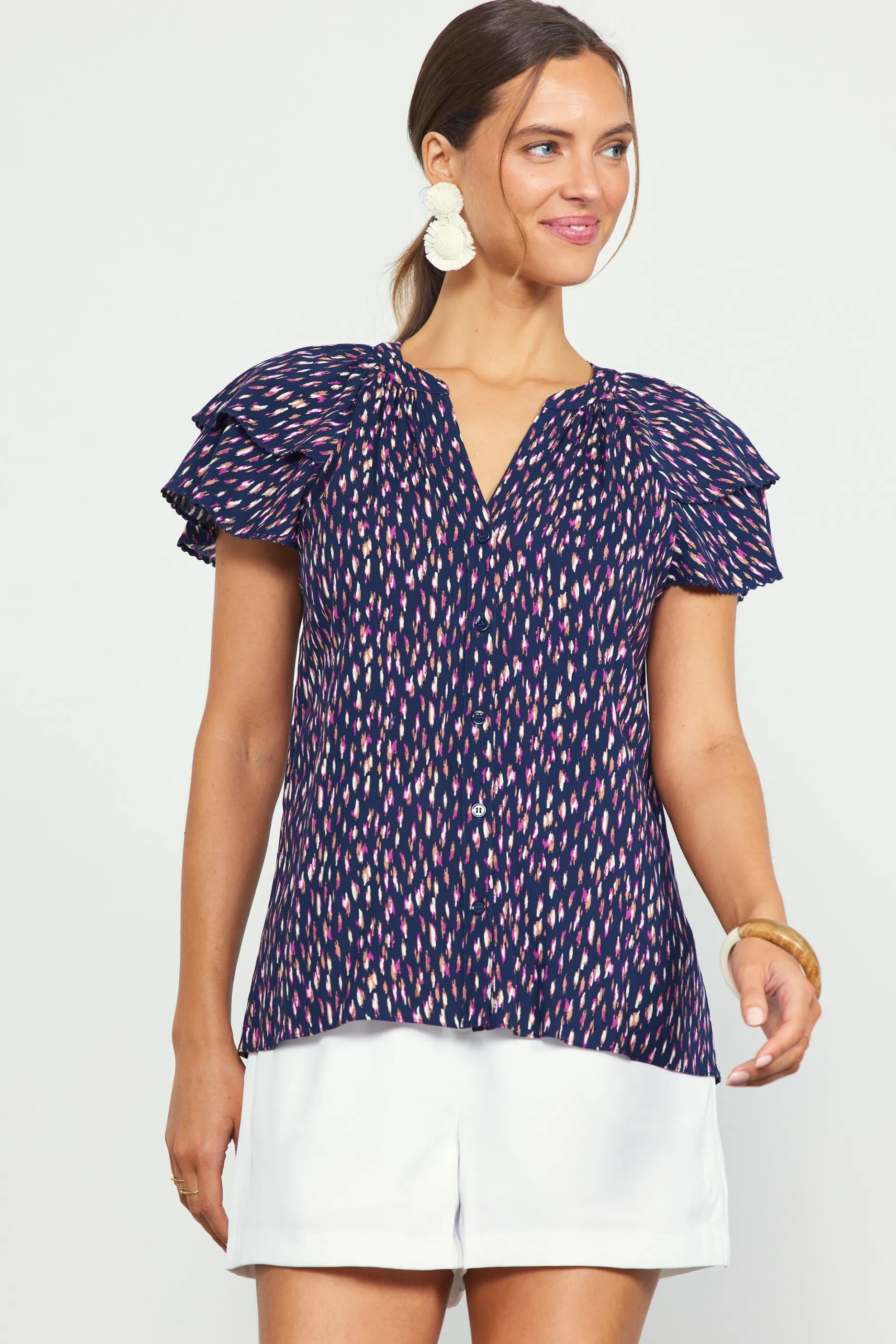 Allover Print Ruffle Sleeve Top