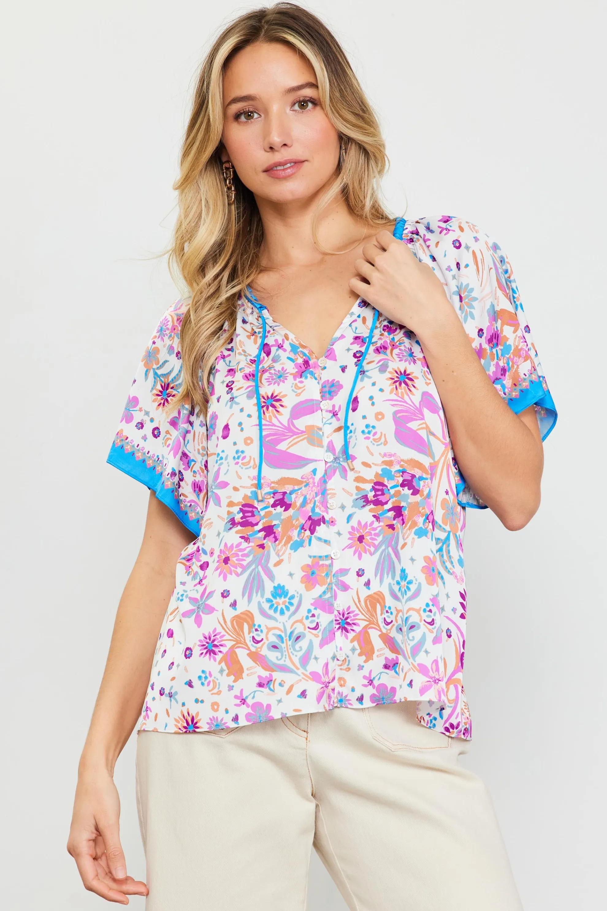 Magnolia Border Print Short Sleeve Top