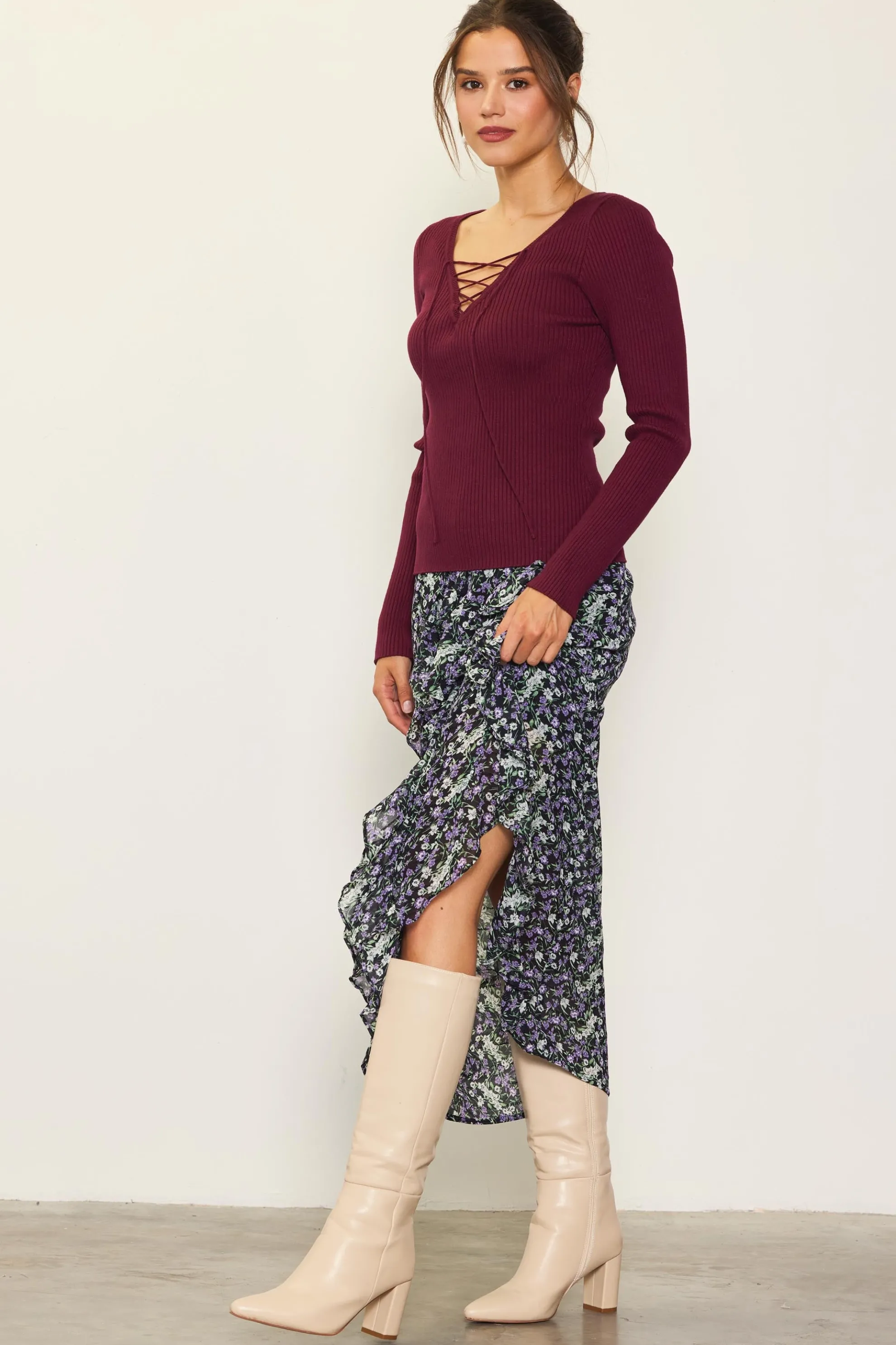 Laced Up Long Sleeve Knit Top