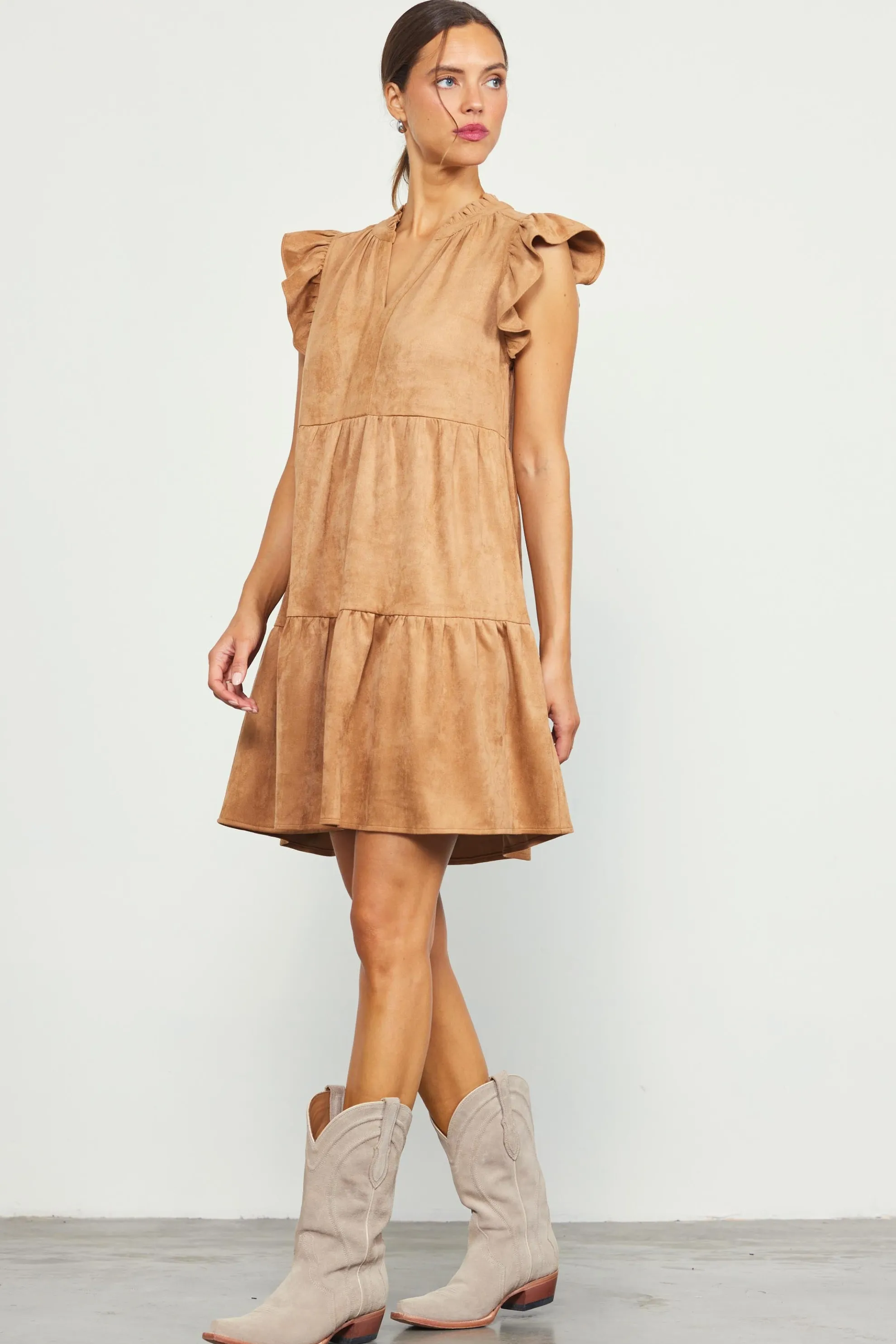 Faux Suede Tiered Mini Dress